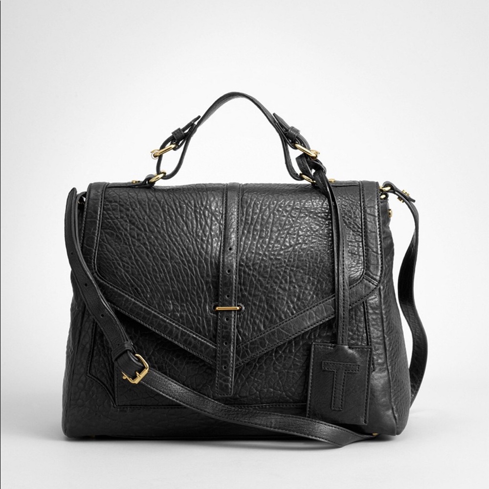 Tory Burch 797 Medium Satchel Pebbled Leather Black Crossbody Bag Purse Textured
